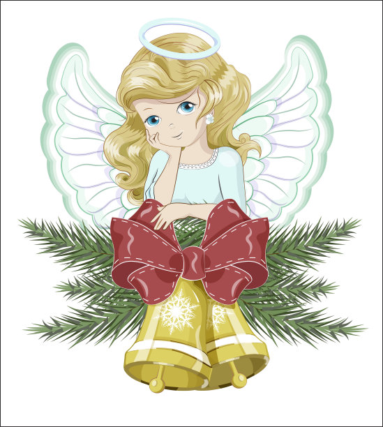 云杉枝上的圣诞天使和铃铛图片下载