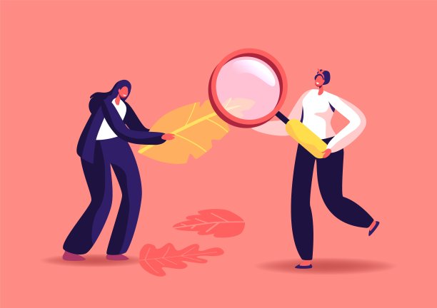 微小的女性人物与巨大的放大镜看巨大的落叶，妇女收集标本室，学习植物图片下载