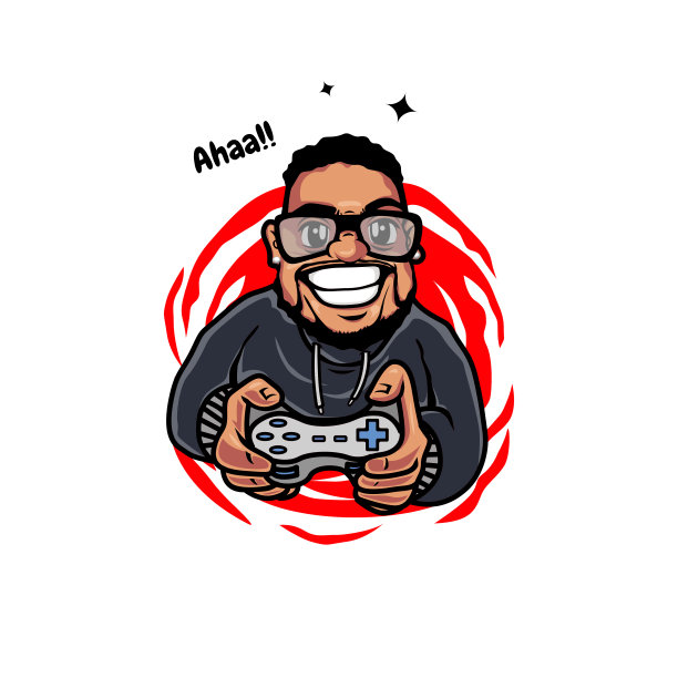 卡通游戏logo：留胡子的男人拿着操纵杆，快乐的男人玩游戏图片下载