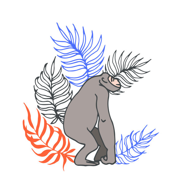 黑猩猩从丛林和棕榈叶中出现图片下载