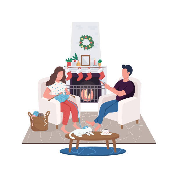 夫妇在家里壁炉平面颜色矢量无面字符图片下载
