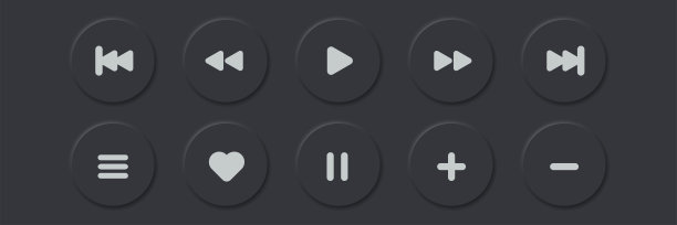 在线音乐播放器矢量按钮。3d现代设计UI播放停止按钮。新形而上图形界面隔离按钮设置。视频应用程序点击图标在黑暗的背景。黑色铺设控制标志。图片下载