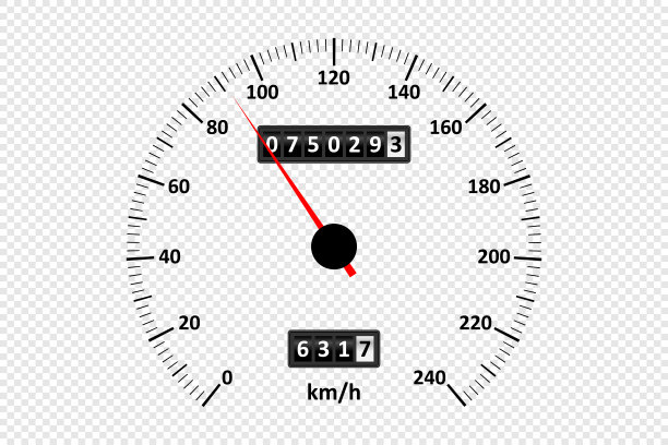 汽车速度计在透明的背景。带有速度刻度和公里计数器的速度计。向量图片下载