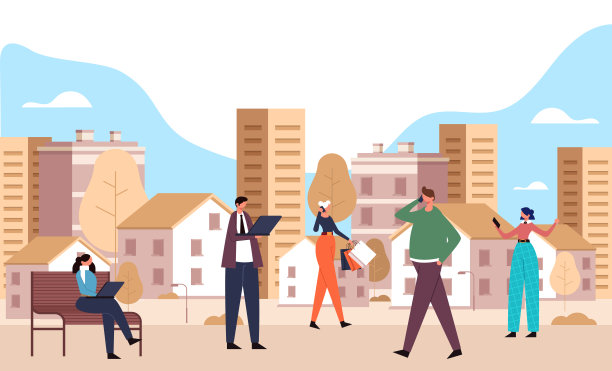 智能城市和人们使用手机和笔记本电脑的概念。矢量平面卡通图形设计插图图片下载