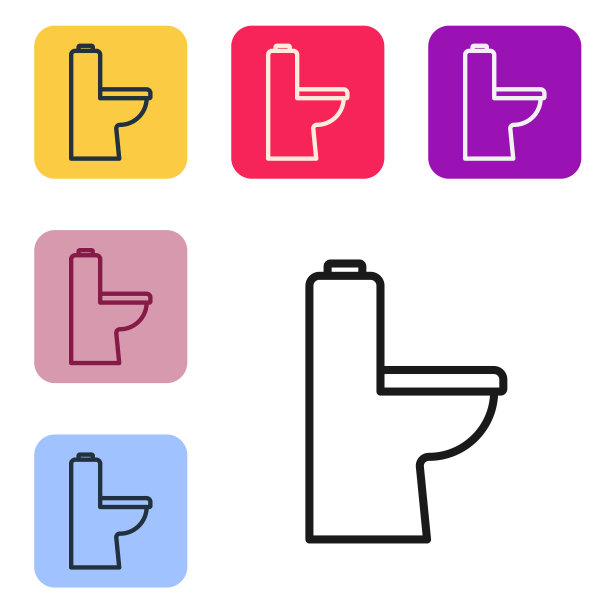 黑线马桶图标孤立在白色背景上。设置图标为彩色方框按钮。向量图片下载