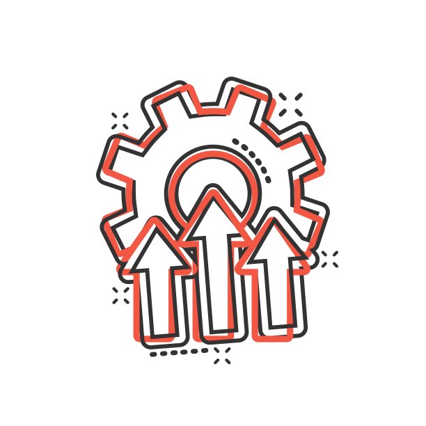 漫画风格的改进图标。齿轮项目卡通矢量插图在白色孤立的背景。生产力飞溅效应经营理念。图片下载