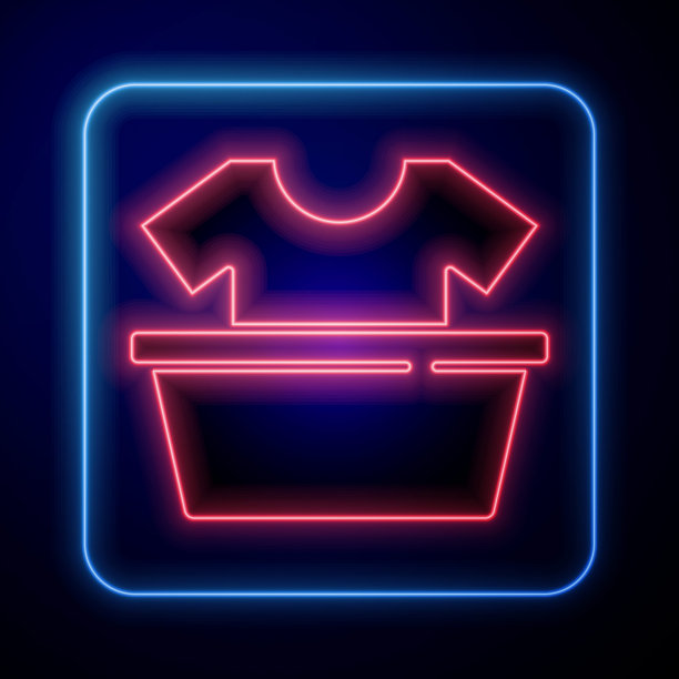 发光的霓虹塑料盆与衬衫图标隔离在蓝色背景。碗水。洗衣服，清洁设备。向量图片下载