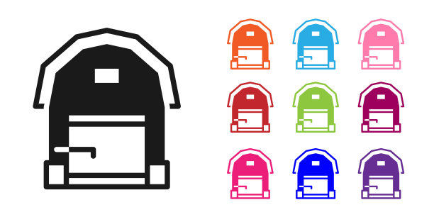 黑色农场房子图标孤立在白色背景。设置图标丰富多彩。向量图片下载