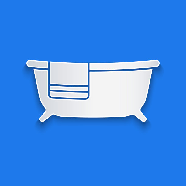 剪纸浴缸图标孤立在蓝色背景。纸艺术风格。向量图片下载