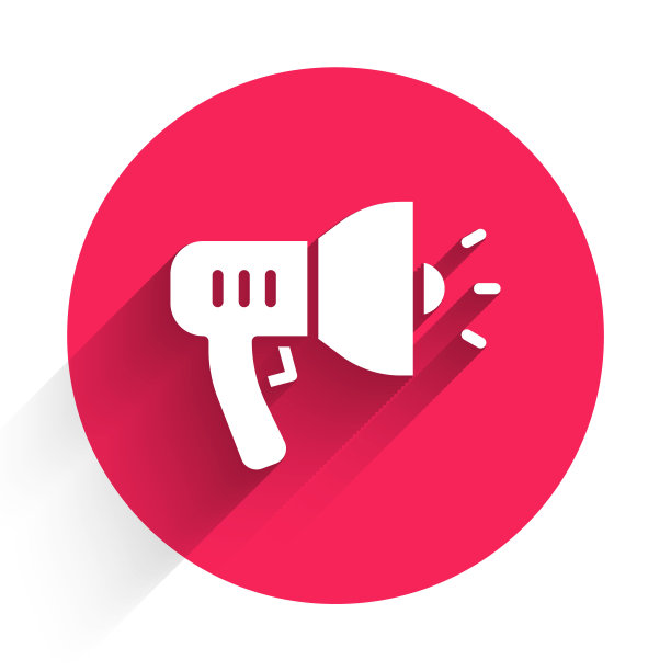 白色警察扩音器图标孤立与长影子。红色圆圈按钮。向量图片下载