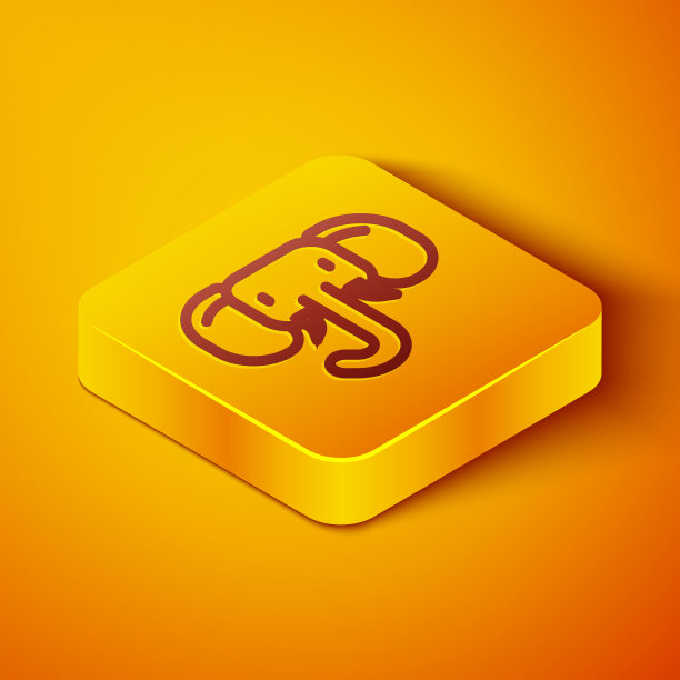 等距线大象图标孤立在橙色背景。黄色方形按钮。向量图片下载