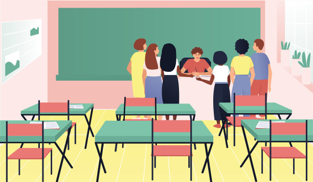 学生们聚集在老师的桌前图片下载