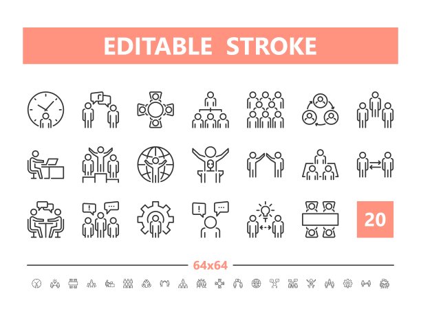 商务人士20行图标。线条风格的矢量插图。可编辑的笔画，64x64, 256x256，像素完美。图片下载