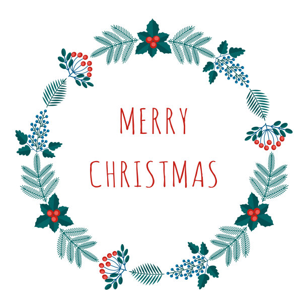 圣诞贺卡与冬季植物框架在现代扁平风格。Stock vector插图与植物符号的节日-松树，圆锥体，树枝，浆果在红色，绿色的颜色。图片下载