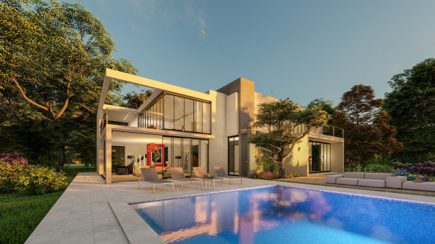 大的当代别墅与游泳池在日落图片下载