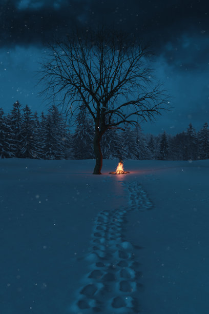 篝火的3d渲染与火花和粒子在白雪覆盖的领域旁边的一棵树图片下载