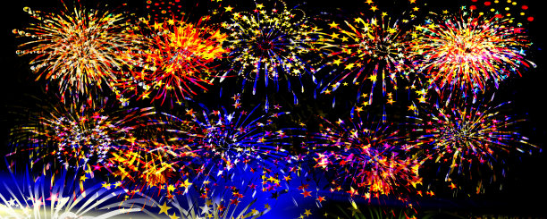 烟花新年背景与夜空旗帜图片下载