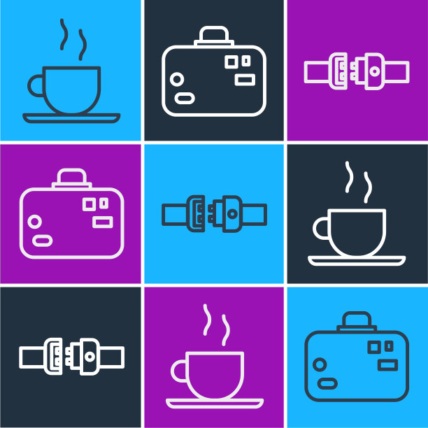 设置线咖啡杯安全带和行李箱图标图片下载