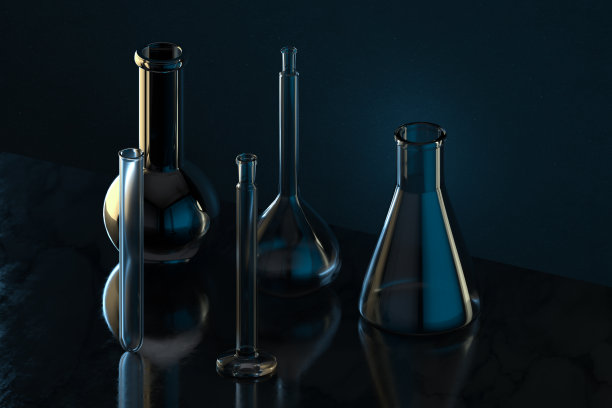深色背景的化学玻璃器皿，3d渲染。图片下载