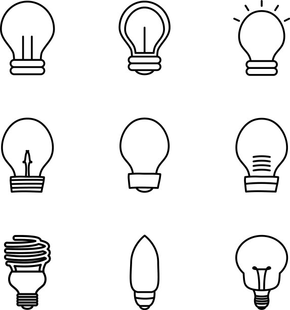 节能灯灯泡和灯泡图标设置线条风格图片下载