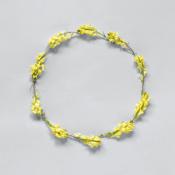 花组成。框花圆形花环的黄色花在灰色的背景。平铺自上而下的构图。复制空间模拟。2021年时尚的颜色图片下载