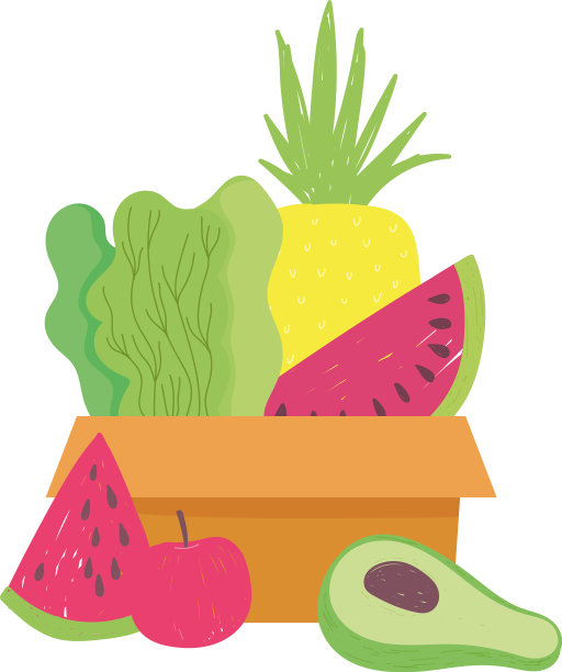 纸板箱，西瓜，香蕉，鳄梨和苹果图片下载