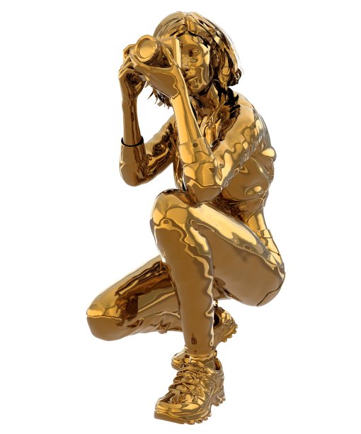 女摄影师雕像的金色孤立在白色的背景3d插图图片下载
