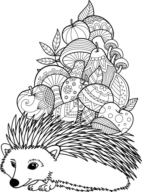 刺猬与苹果和蘑菇涂鸦着色图片下载