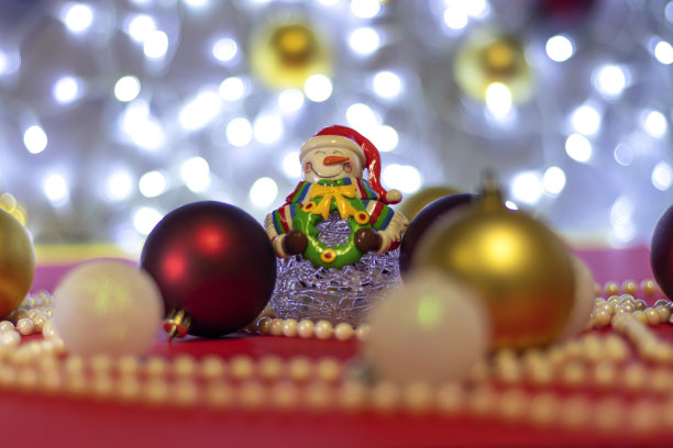 雪人与模糊的圣诞球和圣诞珠子在散景背景。圣诞背景或圣诞卡片。新年或圣诞节的概念。图片下载