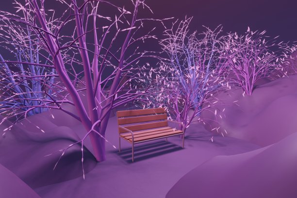 一个长凳在一个神秘的精灵森林，3d渲染图片下载