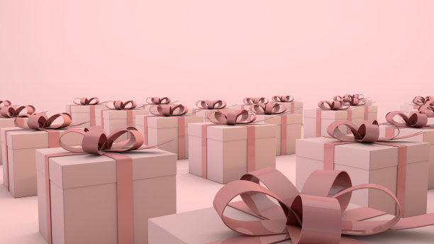 背景上都是粉色礼物。三维渲染图片下载