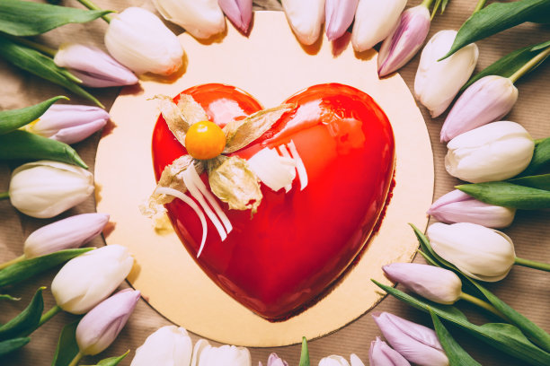 情人节心形红色蛋糕，母亲节，粉红色郁金香生日蛋糕。鲜花和蛋糕形状的黄金背景平铺风格图片下载