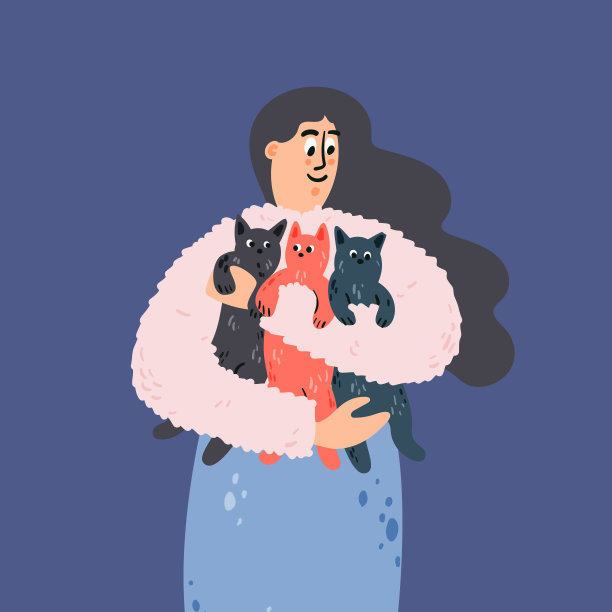 女人拥抱小猫卡通插图。图片下载