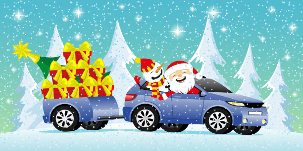 圣诞老人和雪人在车里拿着礼物。图片下载