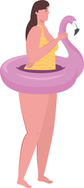 可爱丰满的女人与粉红色火烈鸟泳装图片下载