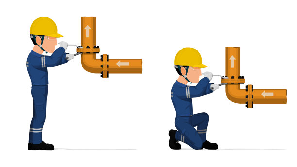 一名工业工人正在白色背景上紧固法兰。图片下载