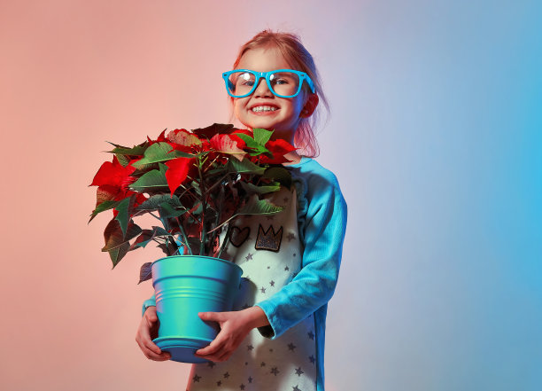 有趣和可爱的小女孩在绿松石连衣裙和眼镜在她的手拿一个大一品红的花盆在一个红色的蓝色霓虹灯背景特写与复制空间图片下载