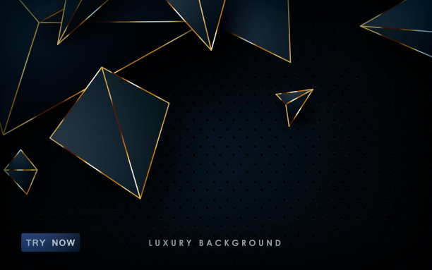 豪华抽象的黑色背景。现代多边形形状与金色列表上纹理的黑色背景。图片下载