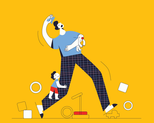 单身父亲在一个房间和他的孩子疲惫的父亲感到疲惫与两个孩子平面矢量卡通插图孤立黄色图片下载