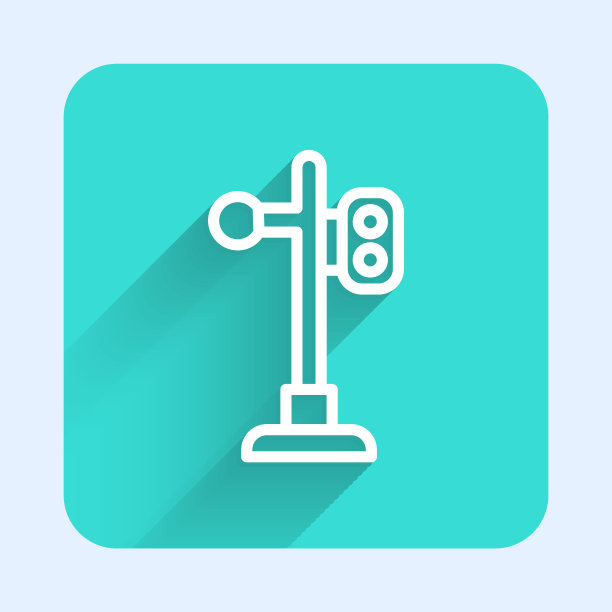 白色线火车交通灯图标孤立与长影子。红绿灯是用来调节铁路列车运行的。绿色广场按钮。向量图片下载