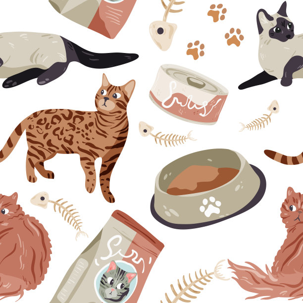 无缝图案猫，罐头食品，动物步骤，鱼矢量插图。图片下载