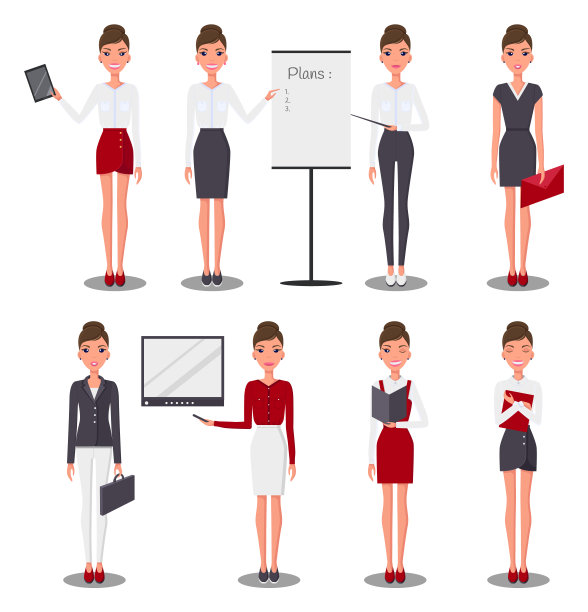 一群年轻苗条的商业女士。穿着各种套装的女孩。妇女从事商业活动图片下载