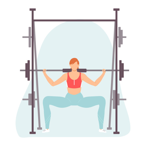 年轻女子蹲着举着杠铃。曲膝蹲。健康的生活方式。矢量插图在手绘平面风格。图片下载