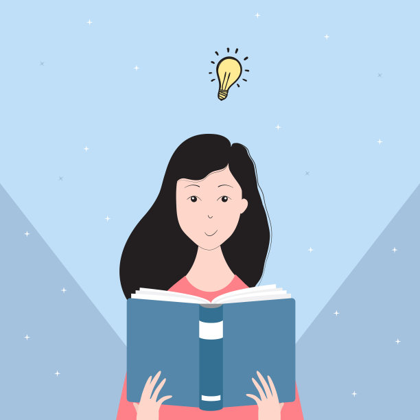 快乐的年轻女子读书有主意。学习的概念，想象力，小说，女学生，学习，聪明，小学生。图片下载