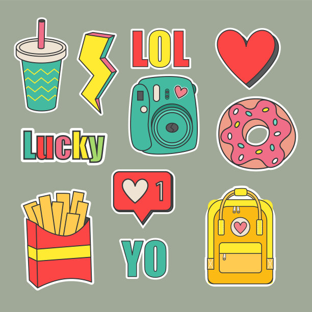 收集青少年贴纸和贴片。贴纸是卡通风格和明亮的颜色。彩色的徽章和标签。Vectral插图图片下载