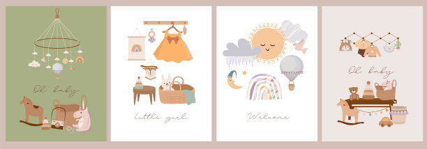 一套可爱的波西米亚婴儿卡在斯堪的纳维亚风格。图片下载