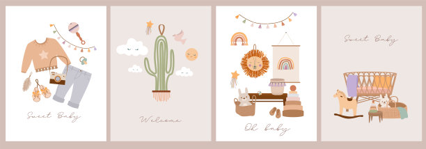 一套可爱的波西米亚婴儿卡在斯堪的纳维亚风格。图片下载