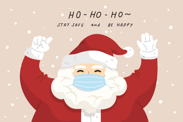 圣诞老人戴着面具，用“HO-HO-HO保持安全，由快乐”的按摩。图片下载