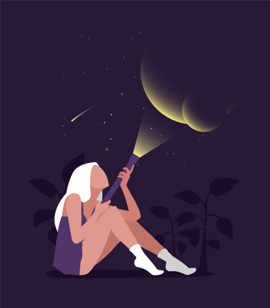 年轻的女性角色坐着，拿着手电筒照亮点。平面可编辑矢量插图，剪辑艺术图片下载