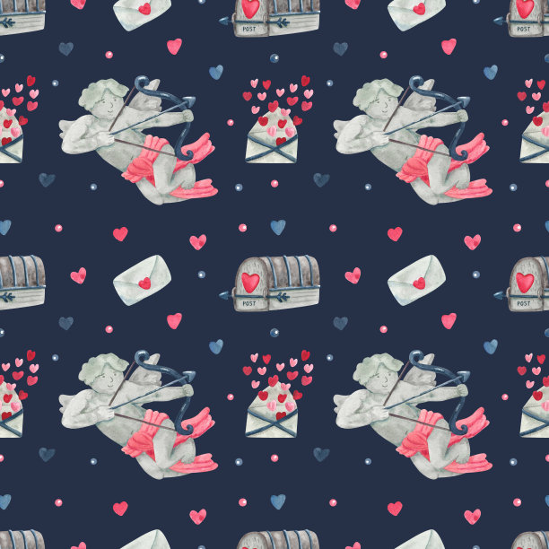 水彩复古无缝图案与丘比特和邮箱在黑暗图片下载